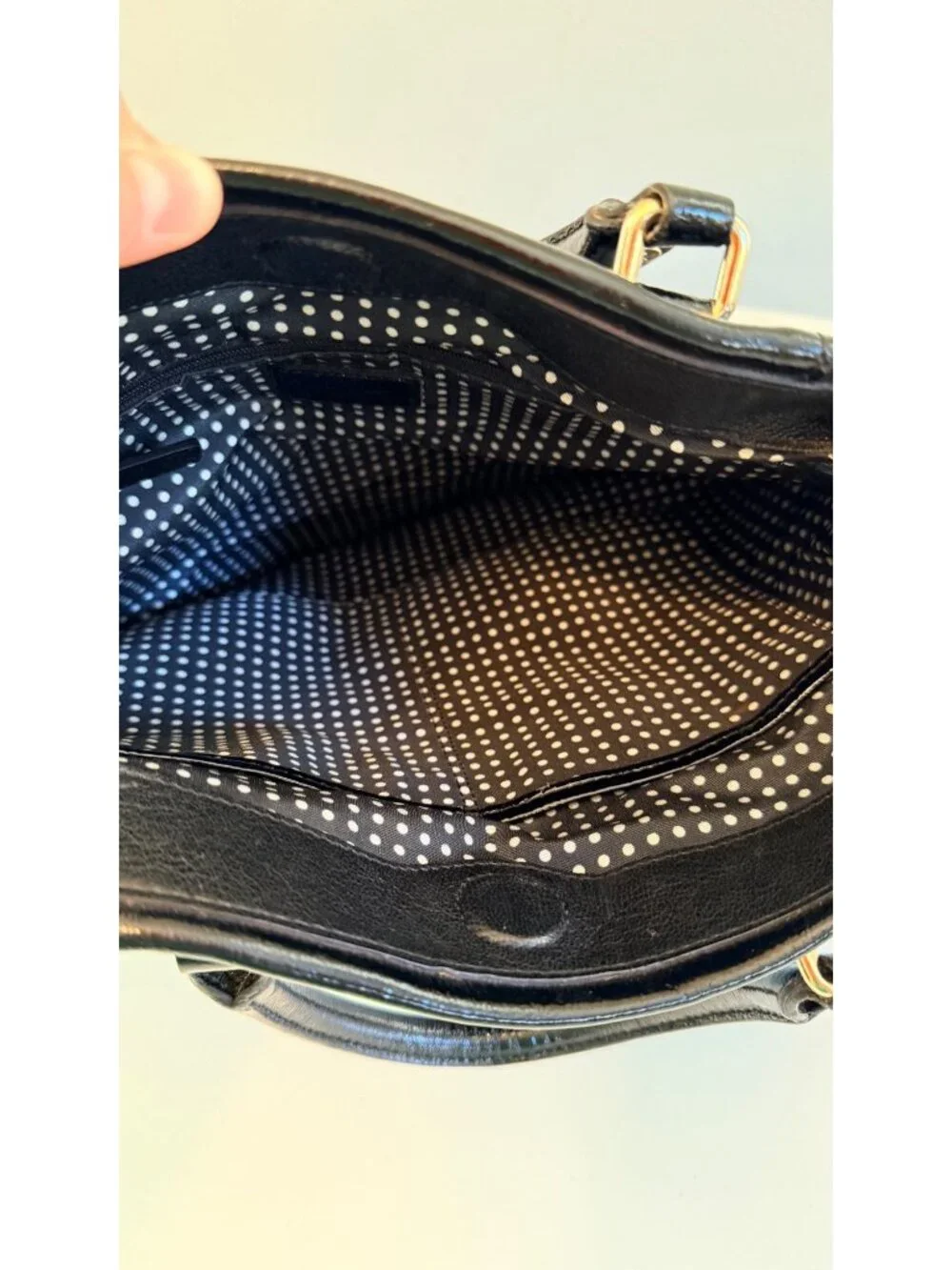 Kate Spade Black Leather Crossbody Tote With Polka Dot Lining & Adjustable Strap
